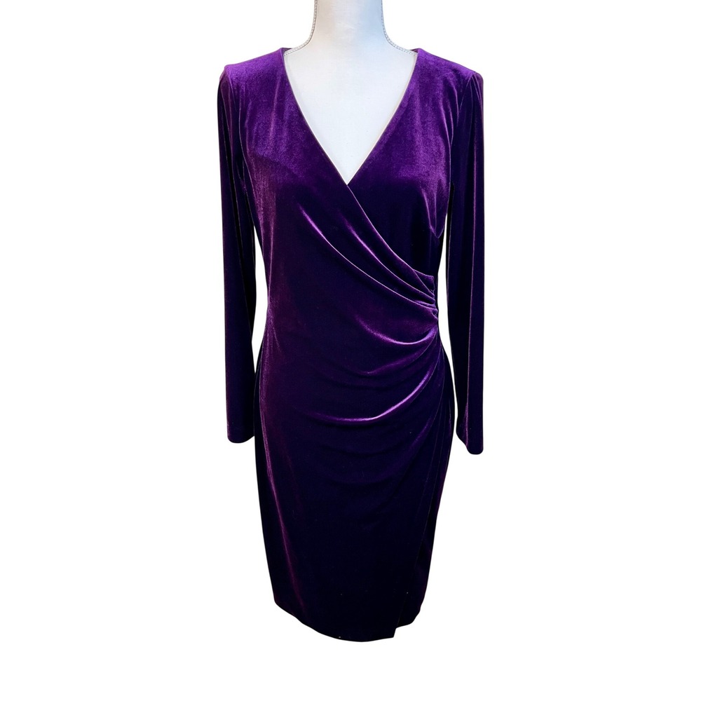 LAUREN Ralph Lauren Plum Velvet Dress 8  V-Neck Faux Wrap Holiday Party Wedding